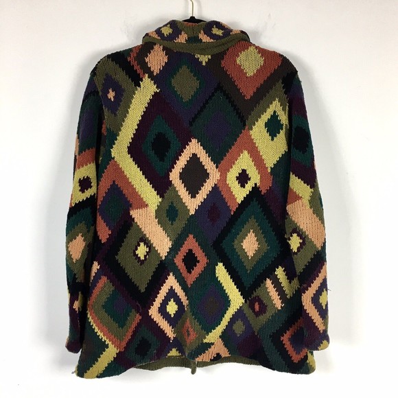 VTG Design Merchants 90s Hand Knit Button Cardigan Diamond M Yellow Green Purple - Picture 2 of 8